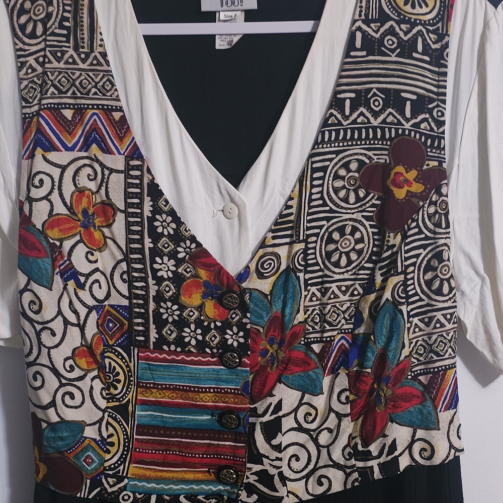 Vintage 90s Robert Too! Rayon Button Front Dress Boho Patchwork Print Size 20 US